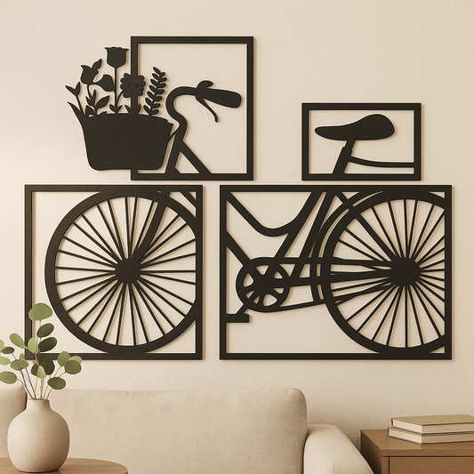 Set de Cuadros Decorativos en MDF | Diseño de Bicicleta Floral Minimalista